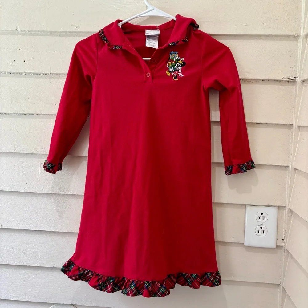 Disney Girls Christmas Minnie Mouse Embroidered Plaid Ruffle Trim Nightgown